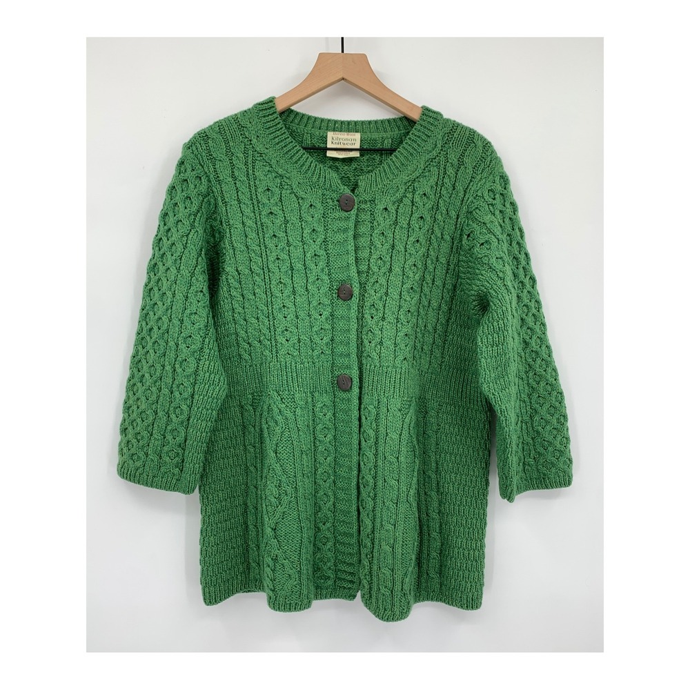 Kilronan Knitwear Sweater XL Green Merino Wool Cable Knit Ireland 3/4 Sleeve